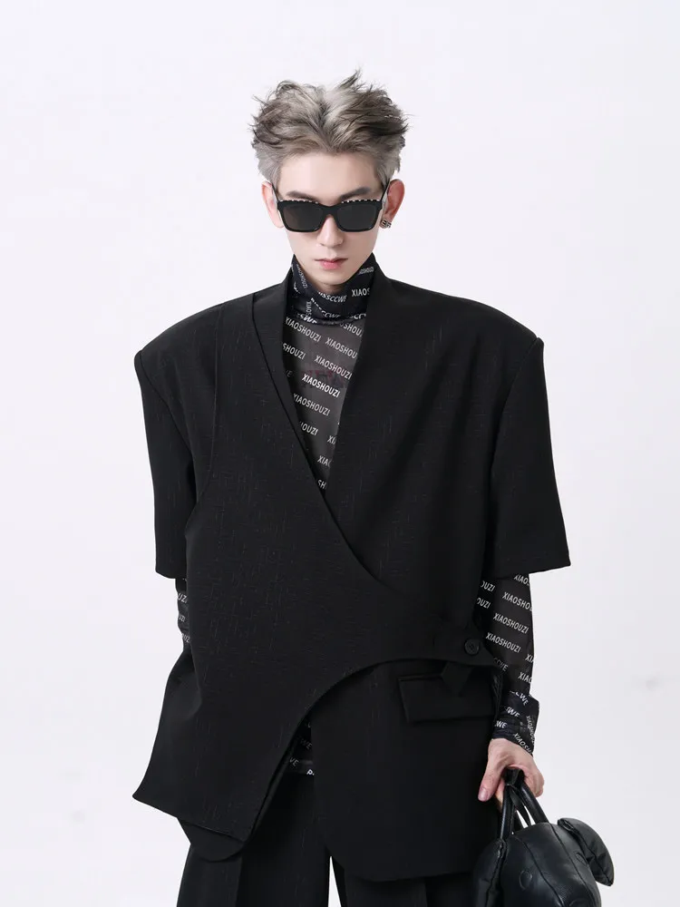 

oulder Pad ort Sve Men's Suit Casual Sli Bla No Collar Westwear Trendy High-End Feeling Design Youth ular Spr...