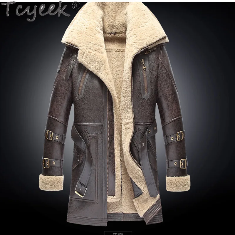 Tcyeek Chic Winter Mens Natural Fur Jackets Double-layer Mid-length Sheepskin Genuine Leather Jacket Men Clothing Thickened Belt