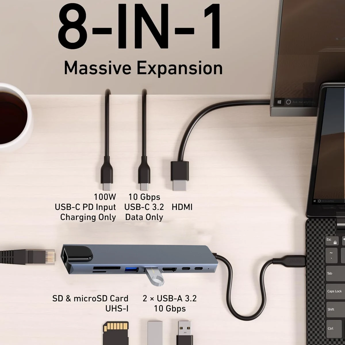 USB-C Hub (8-in-1), with 100W Power Delivery, 4K 60Hz HDMI Port, 10Gbps USB C and 2 A Data Ports, Ethernet microSD SD Card Reade