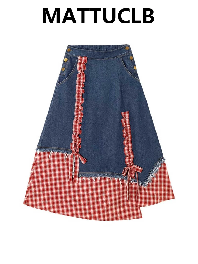 

Women Midi Denim A-line Skirts Plaid Patchwork American Retro Bow Design College Style Y2k Harajuku 2000s Korean Irregular New