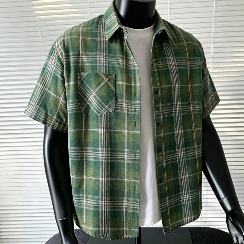 High Street Green Plaid Shirt Men Shirts Summer Fashion Chemise Homme Mens Checkered Shirts Short Sleeve Cotton Shirt Man Blouse