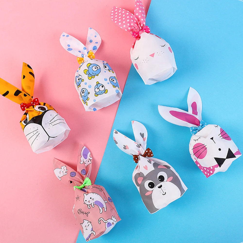 50Pcs Rabbit Plastic Candy Bag Cartoon Animal Cat Bunny Biscuit Cookie Bags Halloween Wedding Baby Shower Party Gift Bags