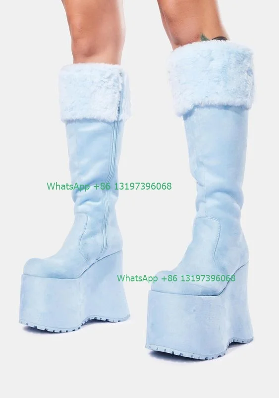 Lady Pink Fur Wedge Mary Jane Boots Summer Winter Fall Dress Boots Platform Lace-up Stain Boots Wedge Boots Footwear Size 46