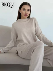 BKQU Casual Split Long Sleeve Sweater Pants Suits Women's Knitted Two Piece Sets Loose Soft Winter Female Commuting Outfits 2025