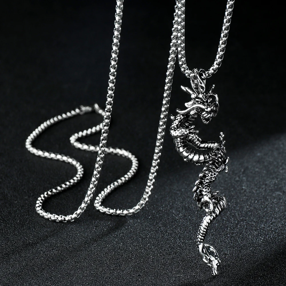 Vintage Punk Stainless Steel Charming Long Chain Necklace for Men Women Ancient Dragon Pendant Necklaces High Quality Jewelry