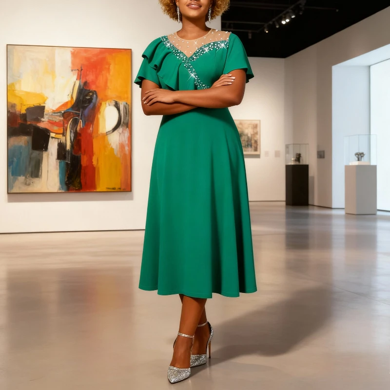 

Струящееся женское платье миди трапециевидной формы с рюшами и прозрачным вырезом из бисера и развевающимися рукавами идеально подходит для вечеринок, свадебных или вечерних торжеств