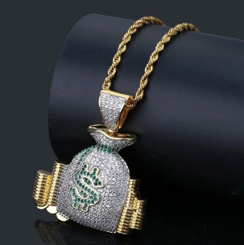 Hip Hop Ice Out Dollar Money Bag Necklace Shiny Cubic Zirconia Wallet Pendant for Men Women Hip Hop Rock Rap Cool Jewelry