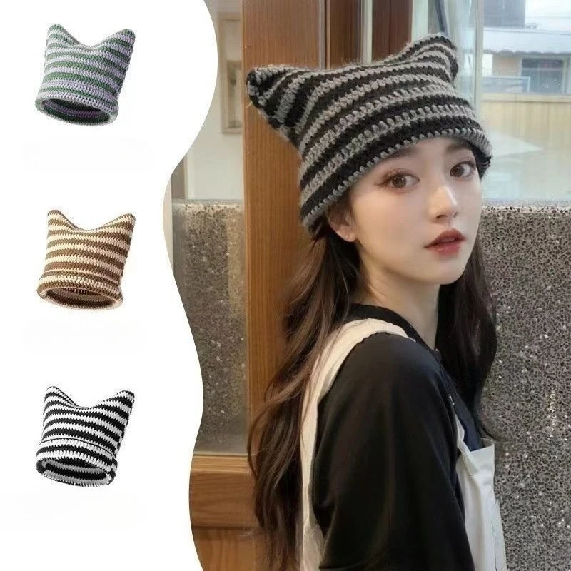 Nouveau Style coréen fait à la main Crochet acrylique oreilles de chat femme chapeau d'hiver rayé automne bonnets chaud doux Bonnet Skullies casquette cadeau