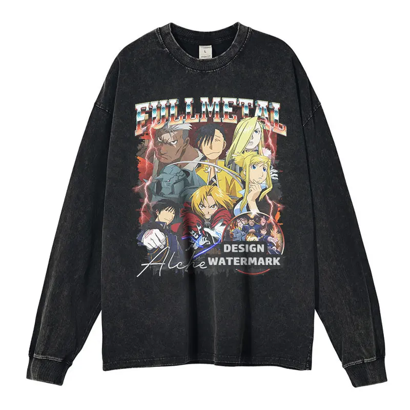 

Футболка с длинными рукавами «Стальной алхимик» в стиле аниме «Эдвард Альфонс Рой Риза», винтажная стираная толстовка в стиле манга, большой размер для девочек, 100% хлопок