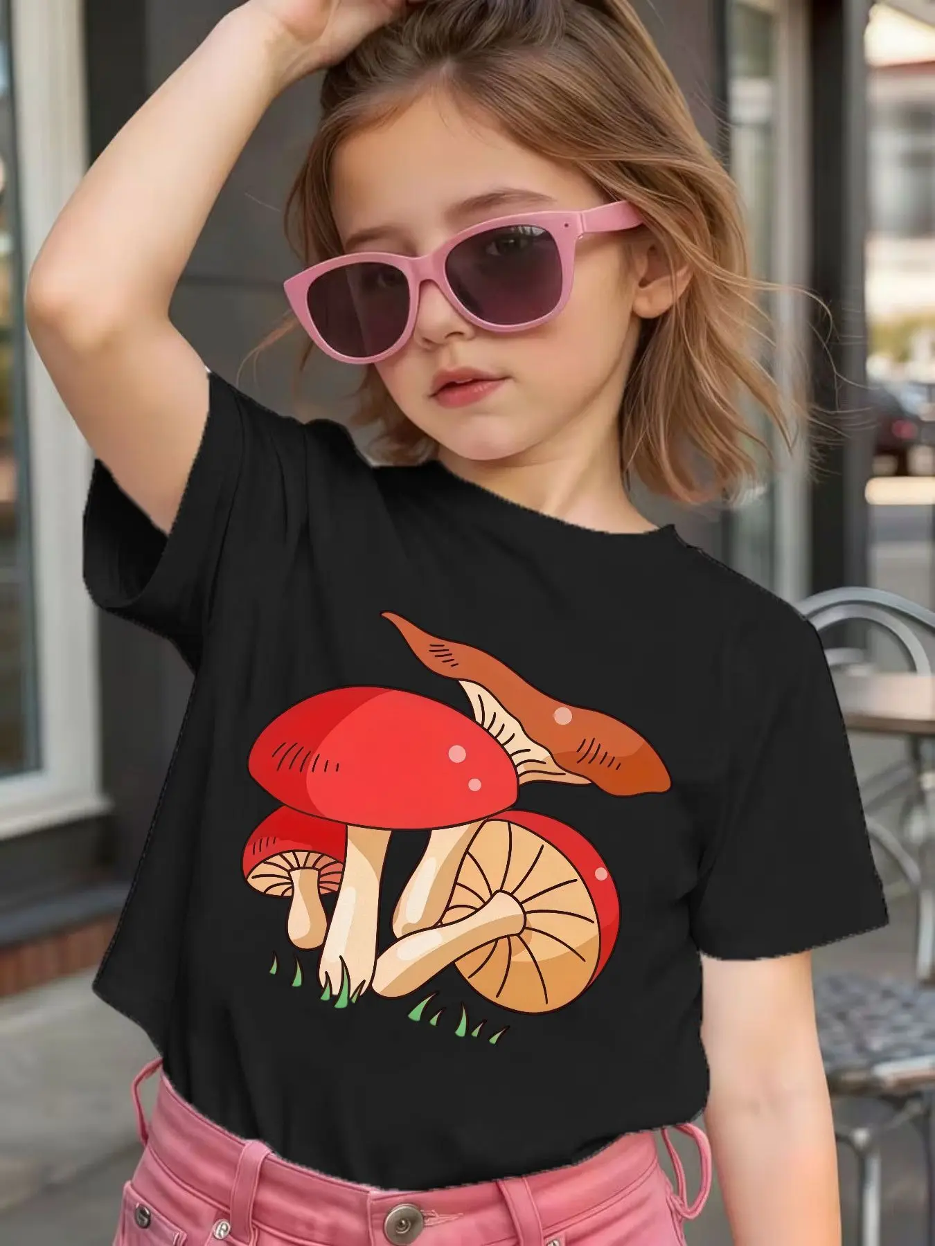 Red Mushroom Cartoon Print Kids T Shirt Cotton Short Sleeve Boys Girls Parent Child Matching Summer Nature Casual Tees