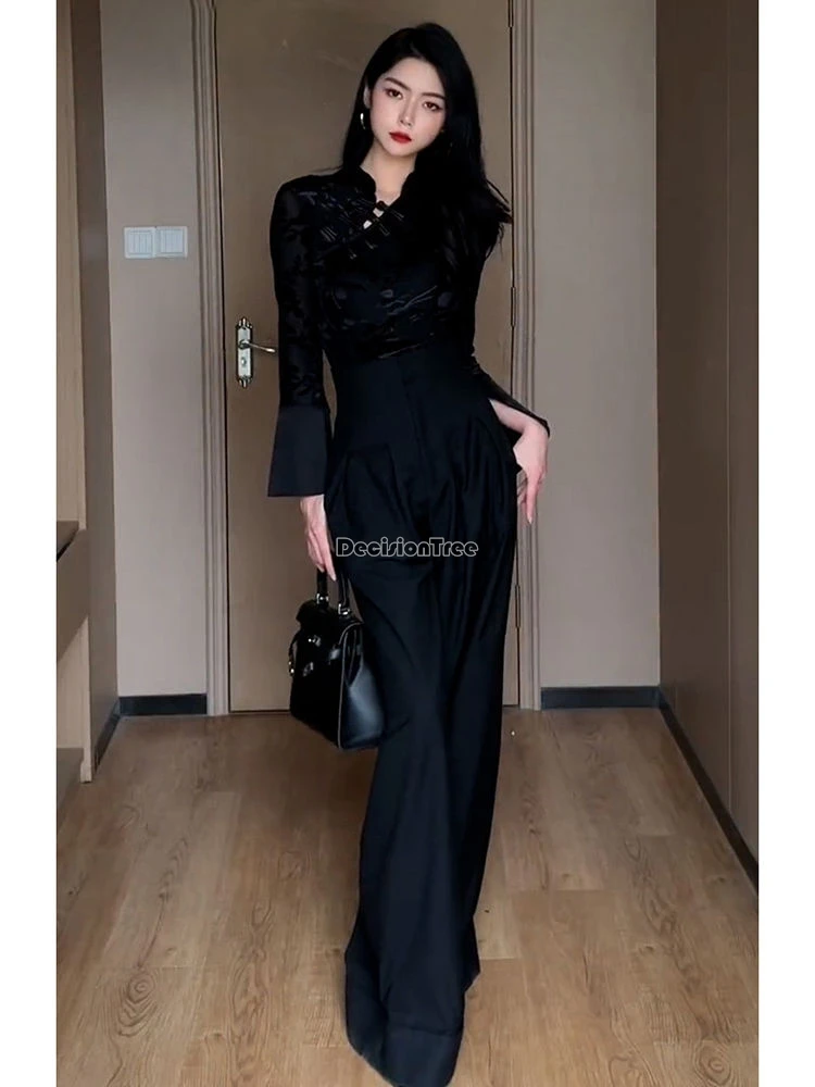 2024 spring new chinese style women slimming qipao top improved cheongsam shirt fashion sexy black long sleeve lace blouse w362