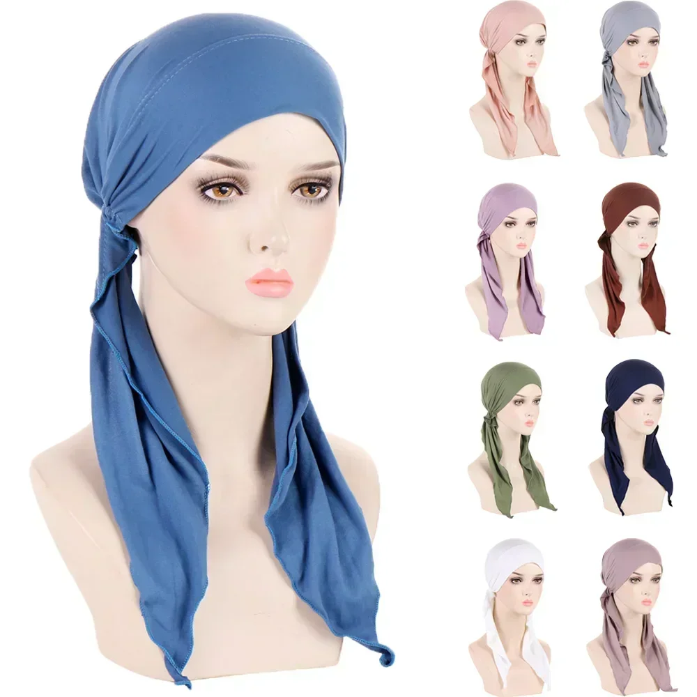 Nieuwe Vrouwen Voorgebonden Hoed Moslim Innerlijke Hijab Hoofddoek Lange Staart Haaruitval Chemo Cap Motorkap Tulband Bandana Hoofdband turbante Mujer