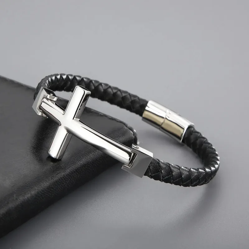 Black Genuine Leather With Cross Charm Bracelet - Stainless Steel 304