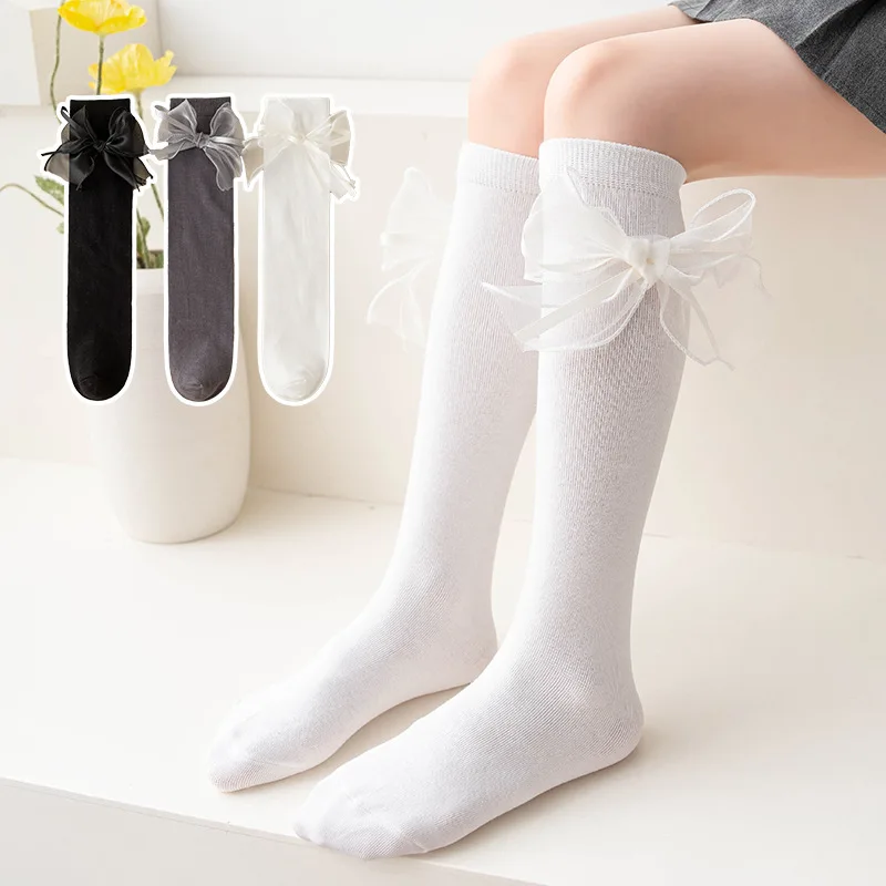 Ribbon Bow Kids Stockings Autumn Little Girl Over Knee Socks Solid Color Children Cotton Long Sock Princess Baby Calf Stocking