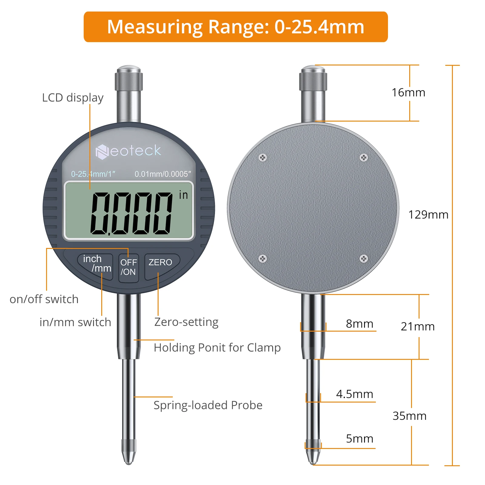 Neoteck Digital Dial Indicator Gauge With Magnetic Base 0-1 Inch/25.4 mm Inch/Metric Conversion Auto Off Featured Measuring Tool