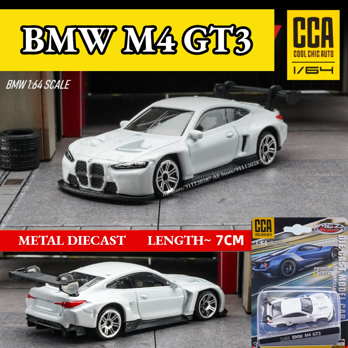 Scale 1/64 Metal Mini Car Model, BMW M4 GT3 White Replica Miniature Art Vehicle Diecast Collection Gift Toy for Kid Boy Friend