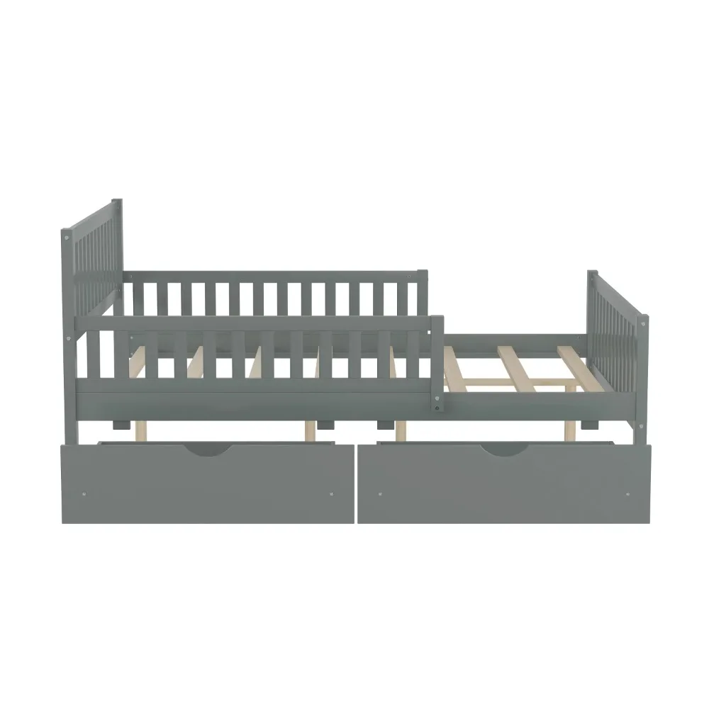 Full Bed with Storage Drawers and Fence Rails, Wood Platform Beds Frame with Headboard, Full Size Storage Bed