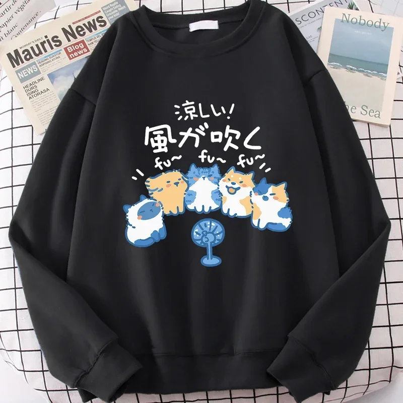 5 Cats Blowing Fans Cute Print Cartoons Hoodie Men Women Japan Clothing New Fashion Pullover Crewneck Fleece Fleece Sweatshirt