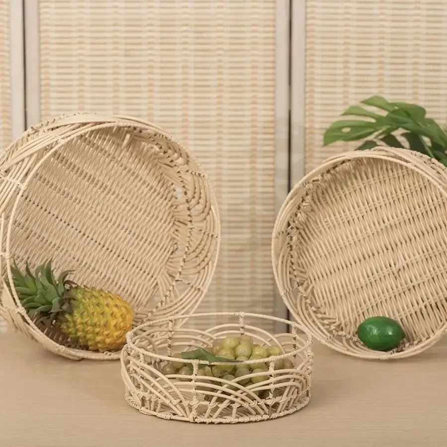 

Handmade Rattan Woven Desktop Fruit Basket Pastoral Plastic Rattan Sorting Basket Living Room Creative Storage Decorative Basket