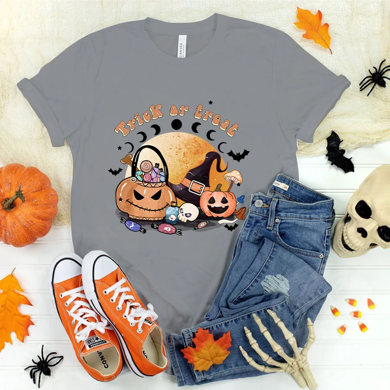 (Premium T-shirt)New Hot Halloween Trick Or Treat Print T-Shirts Women Summer Casual T-Shirts O Neck Short-Sleeved T-Shirts tops