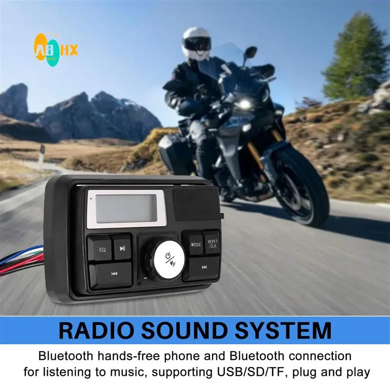 

ABHX-Motorcycle Audio MP3 Radio Sound System Stereo Speakers Bluetooth Waterproof FM 5 EQ Functions LCD Display USB/SD/TF