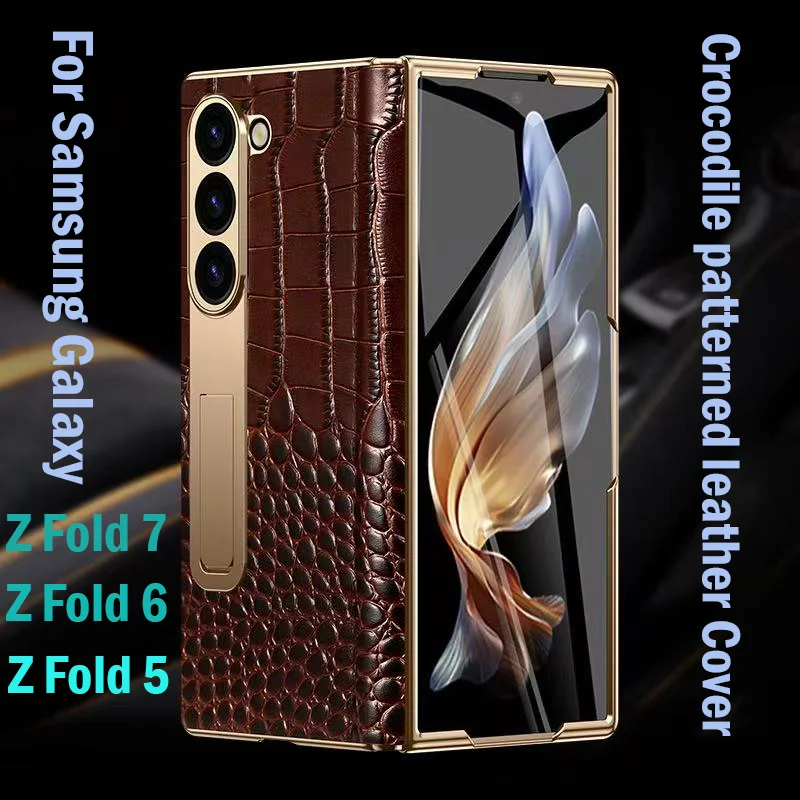 

Leather Case for Samsung Galaxy Z Fold 7 6 5 Fold 7 Fold 6 Genuine leather Magnetic Magnetic Hinge Stand with Mirror Film Cover