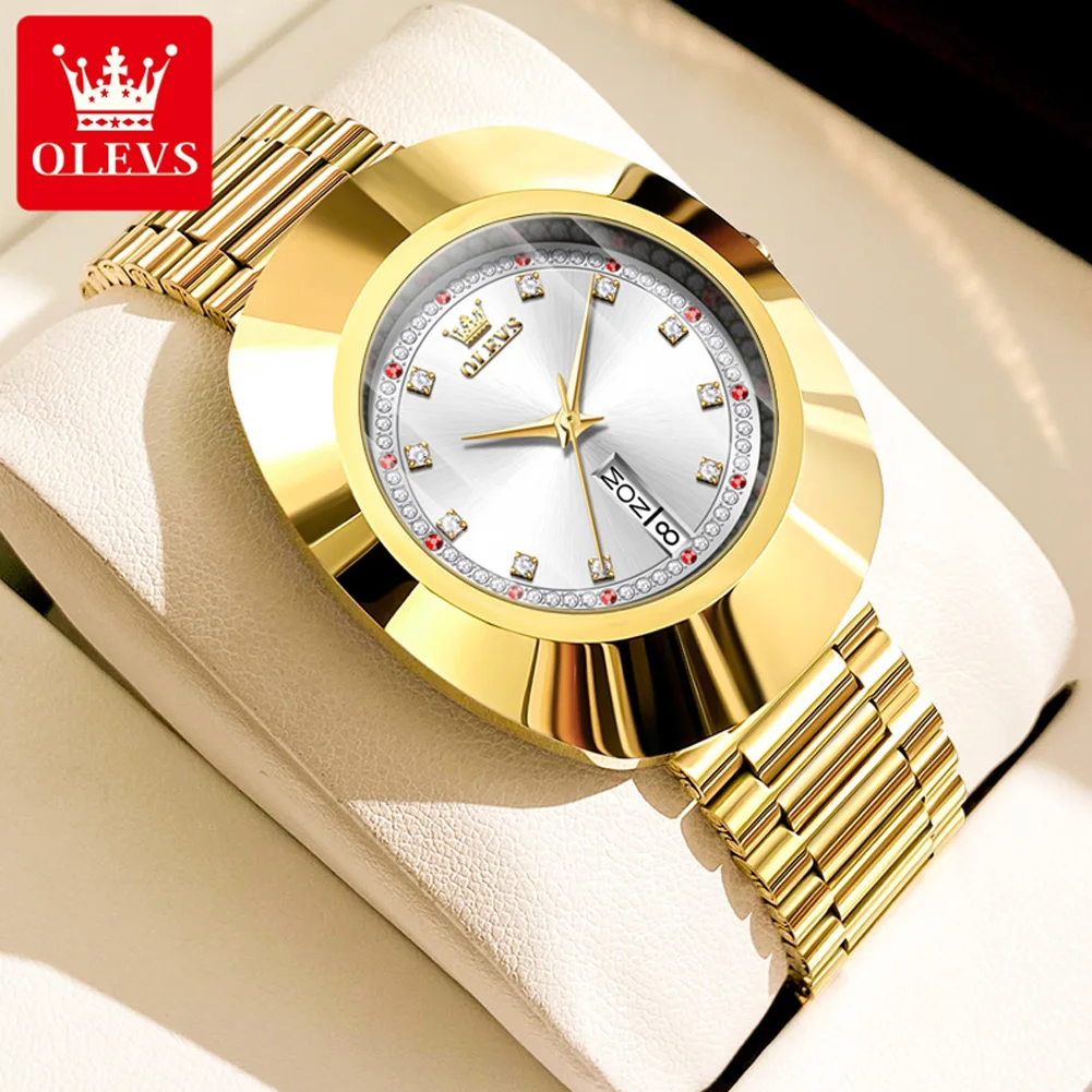 OLEVS 7017 Golden Tungsten Steel Case Luxury Quartz Watch for Women Fashion Diamond Scale Auto Date Waterproof Ladies Wristwatch