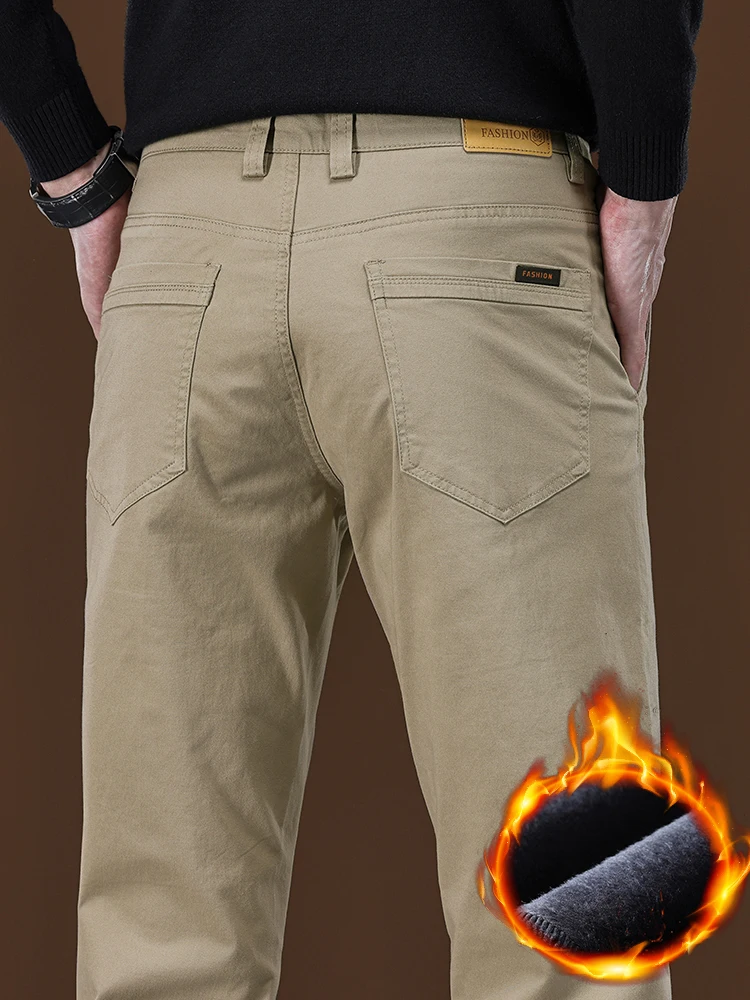 

Зимние флисовые мужские повседневные брюки, деловые прямые толстые теплые модные бархатные брюки, классические однотонные тонкие плюшевые брюки