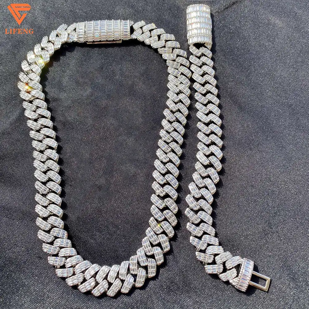 2 Rows Baguette Cut Vvs Moissanite Cuban Link Chain 925 Silver Rose Gold Plate Miami Hip Hop Cuban Necklace