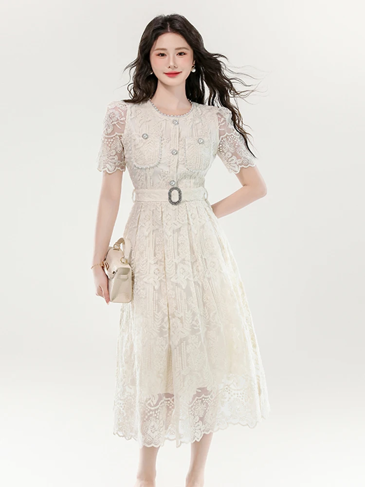 

French Designer Fashion Lace Hollow Out Long Dress Women Summer O Neck Beads Elegant Belt Slim High Quality A Line Vestidos