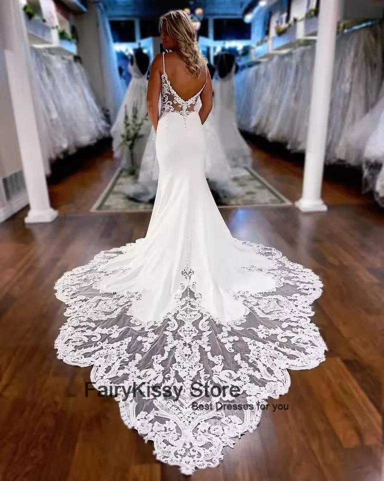 FairyKissy Hochzeitskleid Meerjungfrau Kleider Einfaches Brautkleid Spitzenkante Sexy V-Ausschnitt Rückenfrei Applikationen Vestidos de Novia