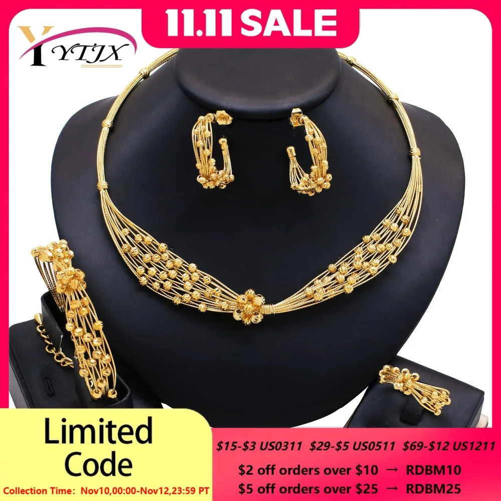 

YTJX Elegant Unique Women Jewelry Set Dubai 18K Gold Plate Beads Necklace Bracelet Earring Ring For Bridal Wedding Gift 2025 New