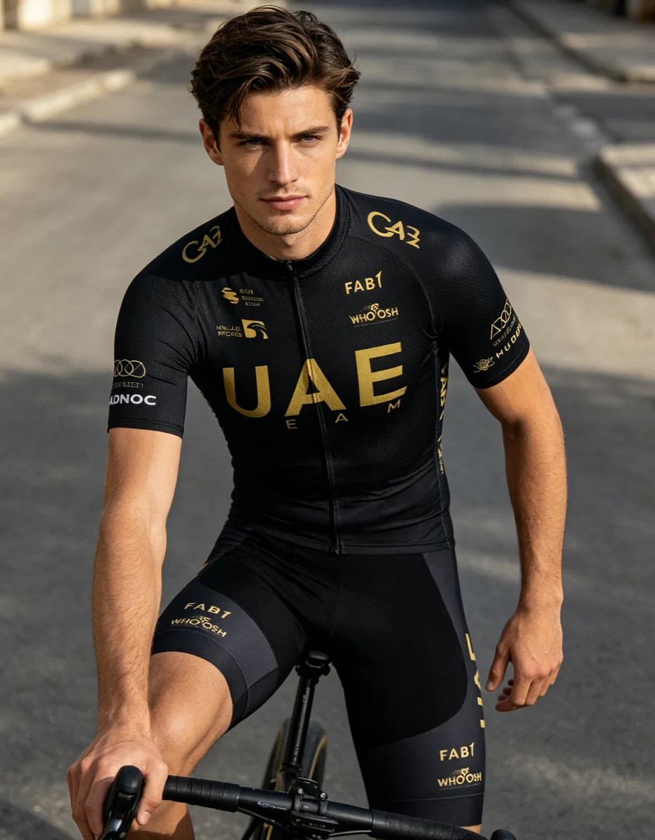 Conjunto de Jersey y Pantalones Cortos de Ciclismo Negros Dorados del Equipo UAE, Ropa de Ciclismo para Hombre y Mujer, Maillot de Ciclismo Profesional de Verano