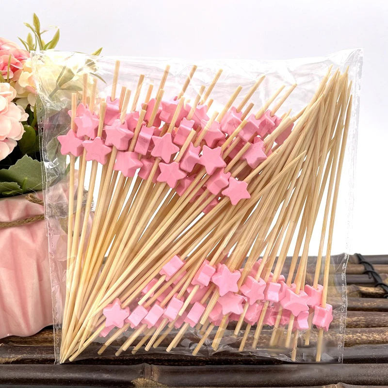 100Pcs/pack Bamboo Pick Buffet Cupcake Heart Flower Fruit Fork Party Dessert Salad Stick Cocktail Skewer for Wedding Supplies