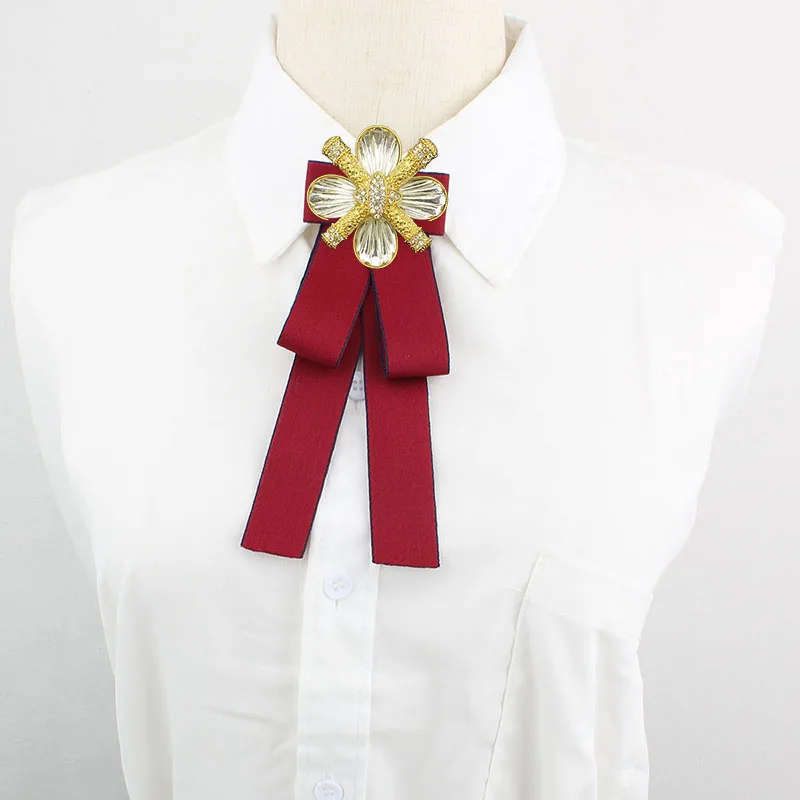 

College Style Bow Ties Handmade Ribbon Rhinestone Bows Korean Women's School Uniform Shirt Accessories Collar Flowers Brooch
