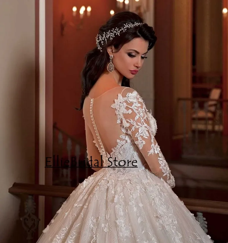 Abiti da sposa in pizzo di lusso per le spose Corsetto applique Abiti da sposa Pincess Maniche lunghe Dubai abiti da sposa Personalizzato