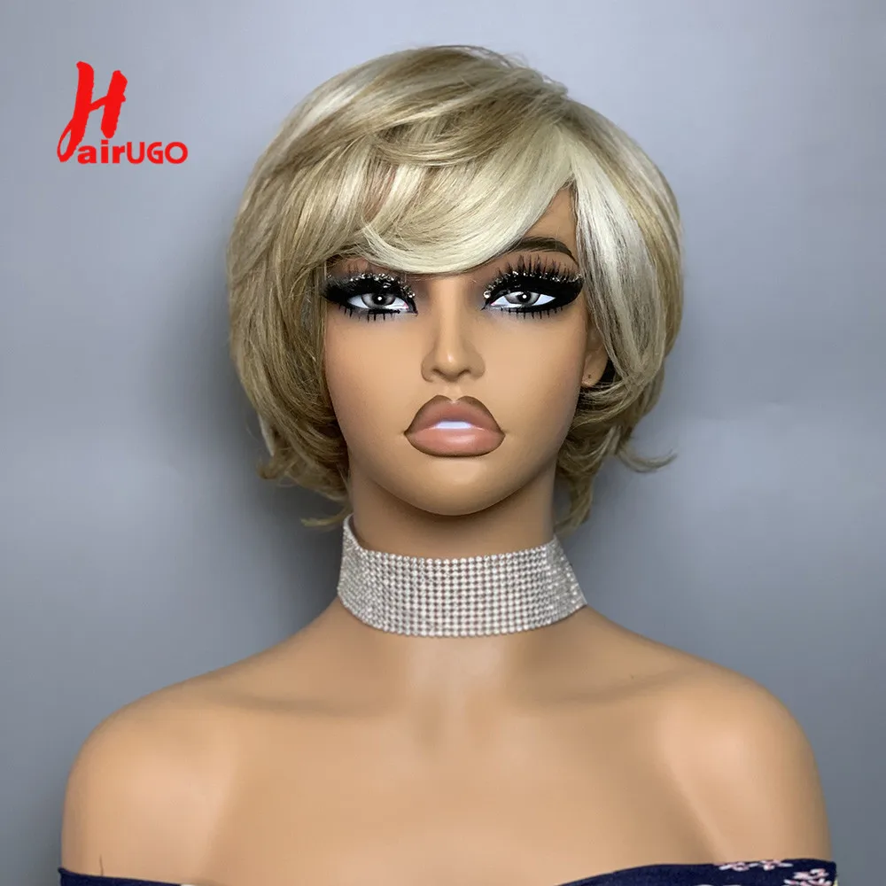 Highlight Blonde Pixie Cut Wigs Fringe Straight Human Hair Wigs Machine Made Human Hair Wigs With Bangs Hairugo Glueless Wigs