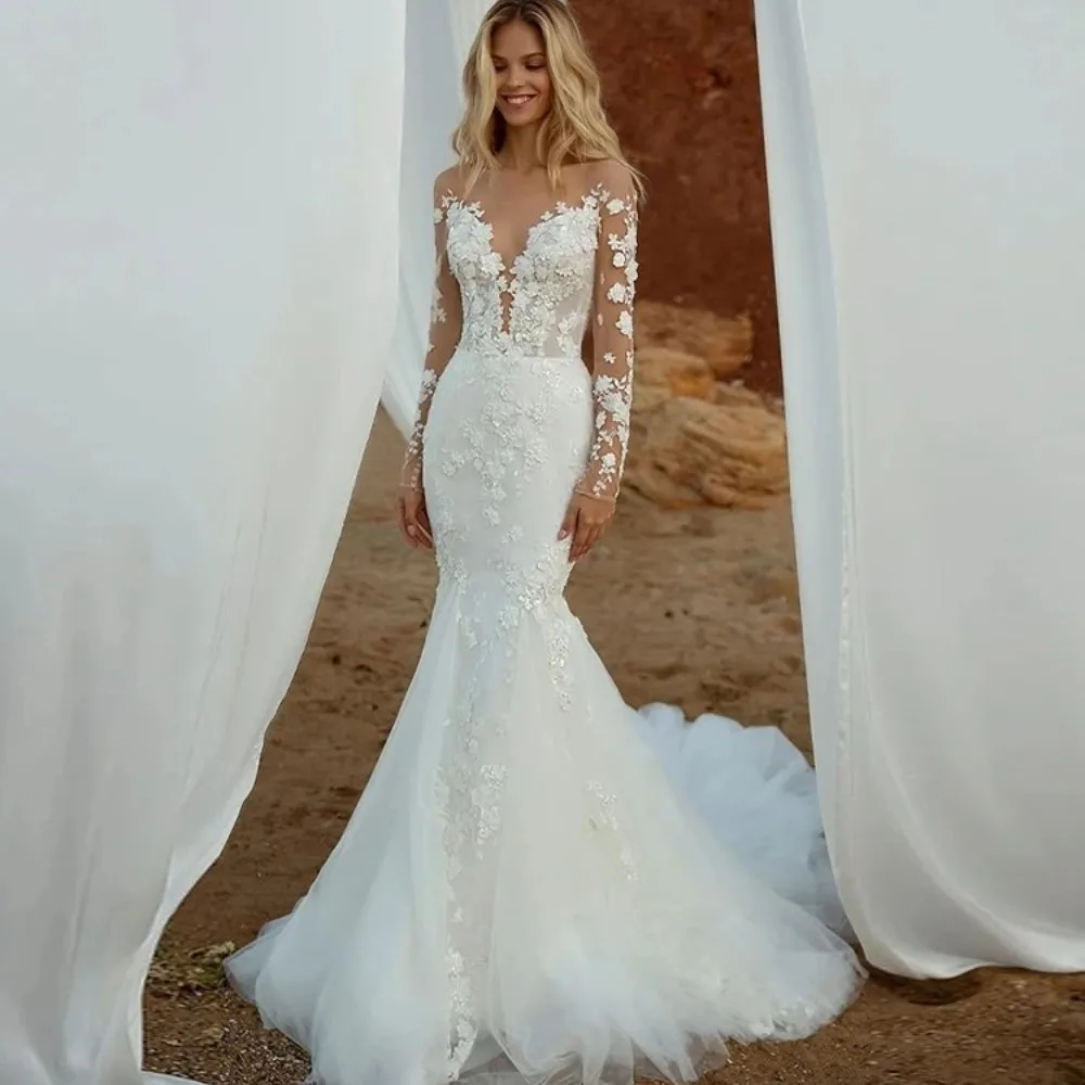 Eleganti abiti da sposa a sirena bianca con scollo a v in pizzo Appliques corte treno abito da sposa in Tulle abito da festa vestidos de novia 2024