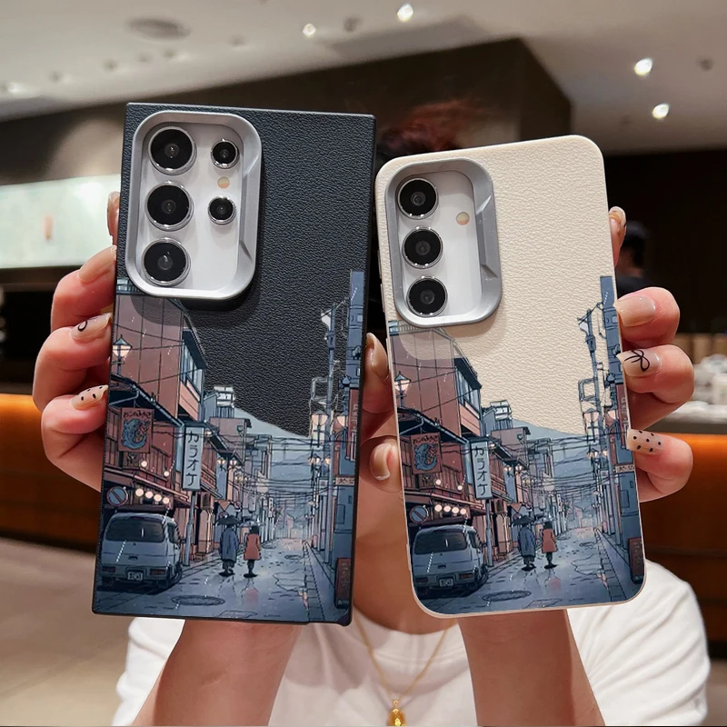 Anime Town Case For Samsung Galaxy A55 A54 5G A35 A25 A15 A16 A52 A53 A14 A34 S20 S21 FE S22 S23 S24 Ultra Leather Texture Case