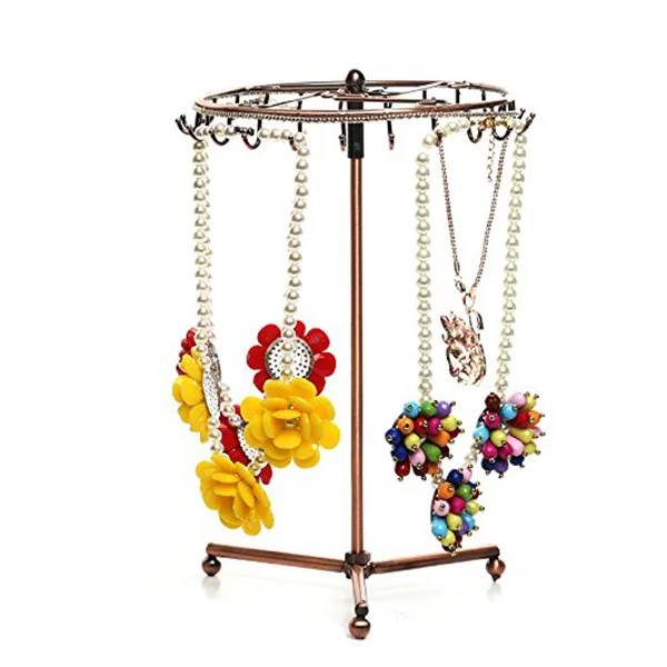 

Металлическая вешалка для ювелирных изделий, органайзер, 23 крючка, треугольное основание, вращение на 360 градусов, стеллаж для хранения ожерелья, браслета, колец