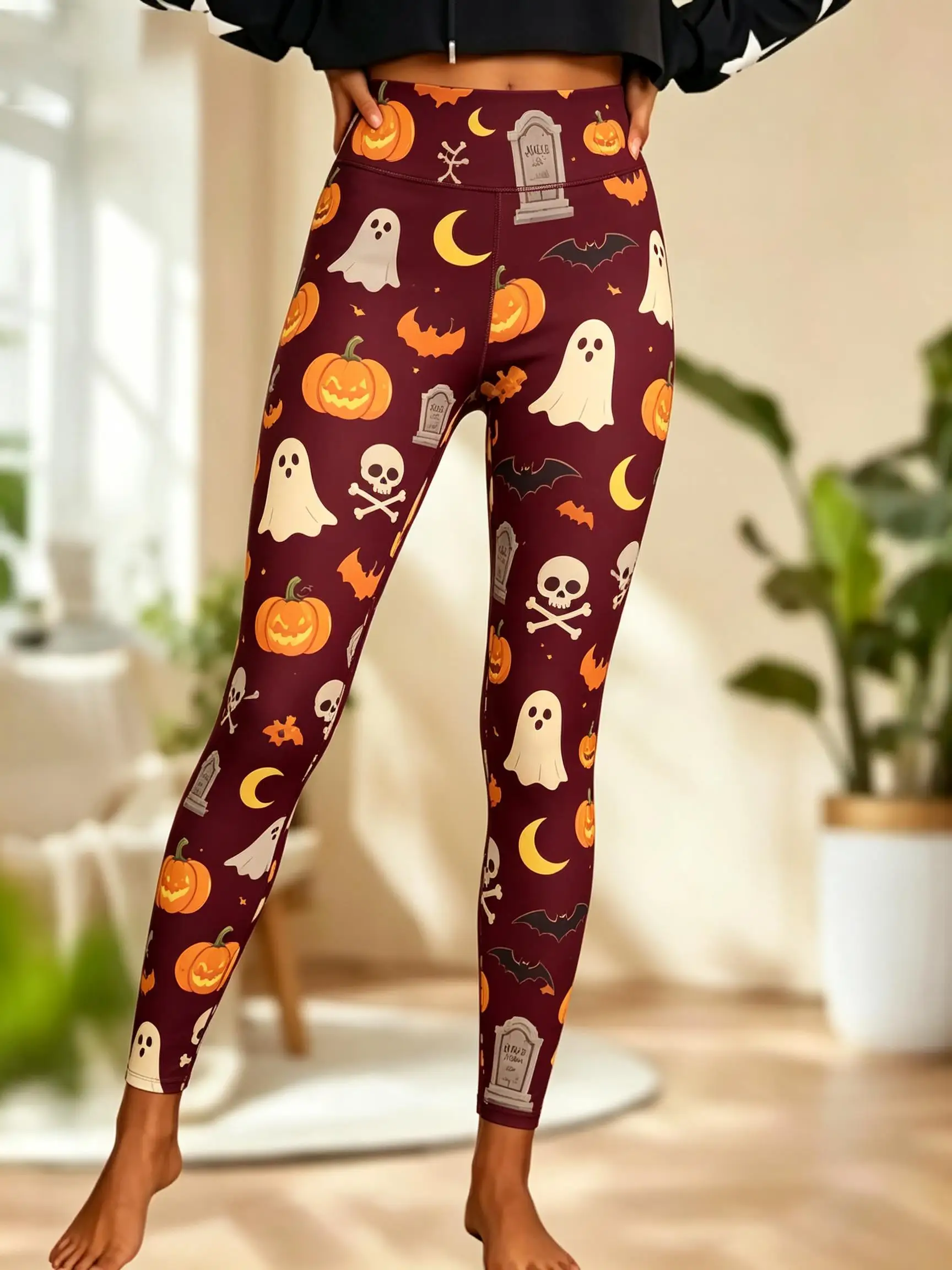 Women Halloween Fleece Mid‑Rise Leggings Cute Ghost Pumpkin Skull Bat Moon Full Print Stretch Slim Pants