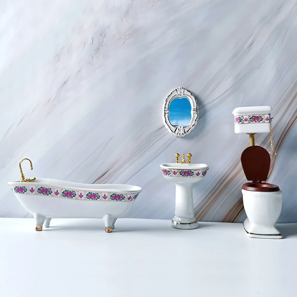 4 ชิ้น 1/12 Dollhouse Miniature อุปกรณ์เสริม Mini ชุดห้องน้ําอ่างอาบน้ํากระจกอ่างล้างหน้าสําหรับตุ๊กตาตกแต่ง ob11