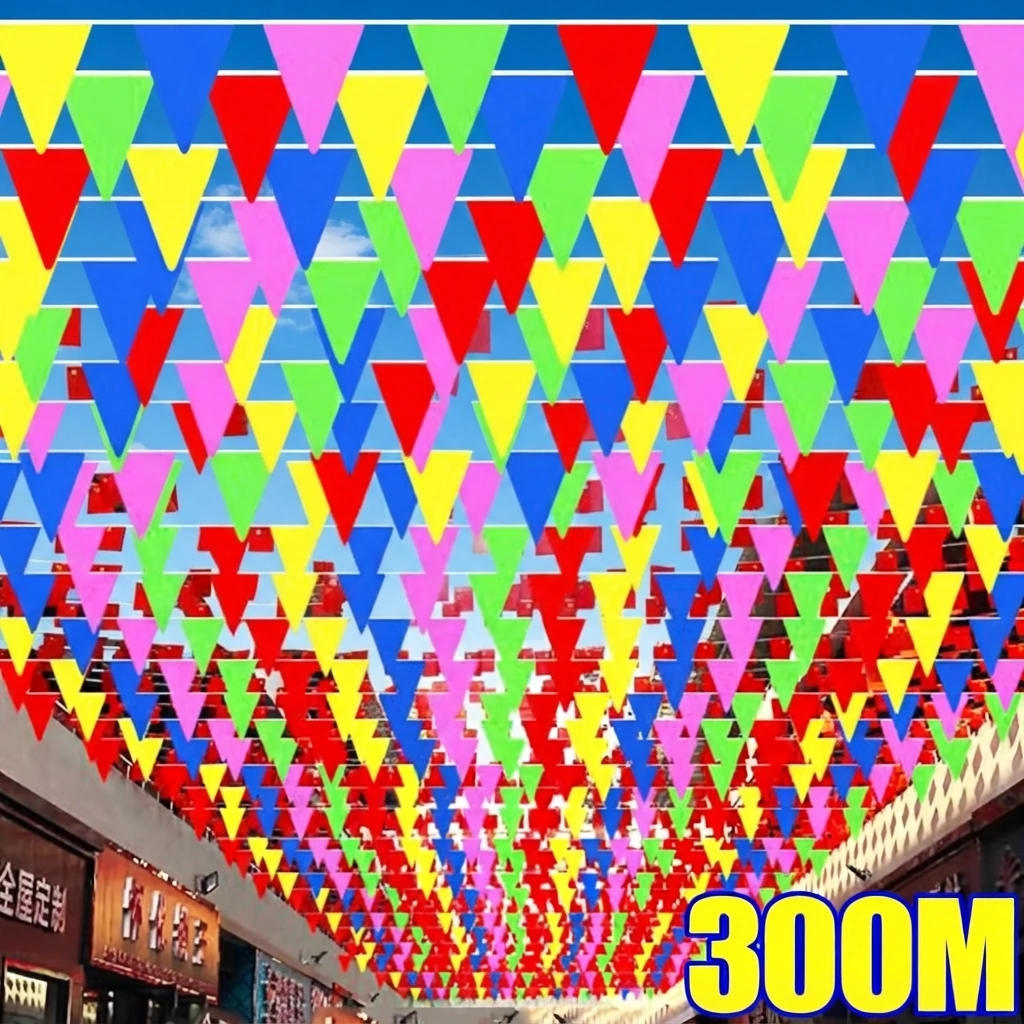 300M Mehrfarbige Dreieck-Wimpelkette für Außenfeste, Hochzeiten und Partys, langlebige Nylon-Wimpelflagge, Garten-Hängegirlande, Dekorationszubehör