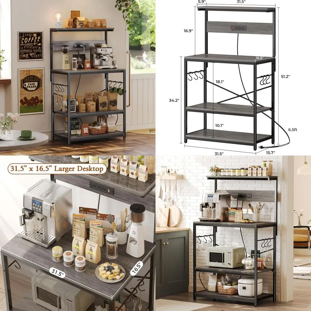 

Подставка для микроволновой печи с розетками, регулируемыми полками и крючками, серая, 31,5x16,5 дюймов