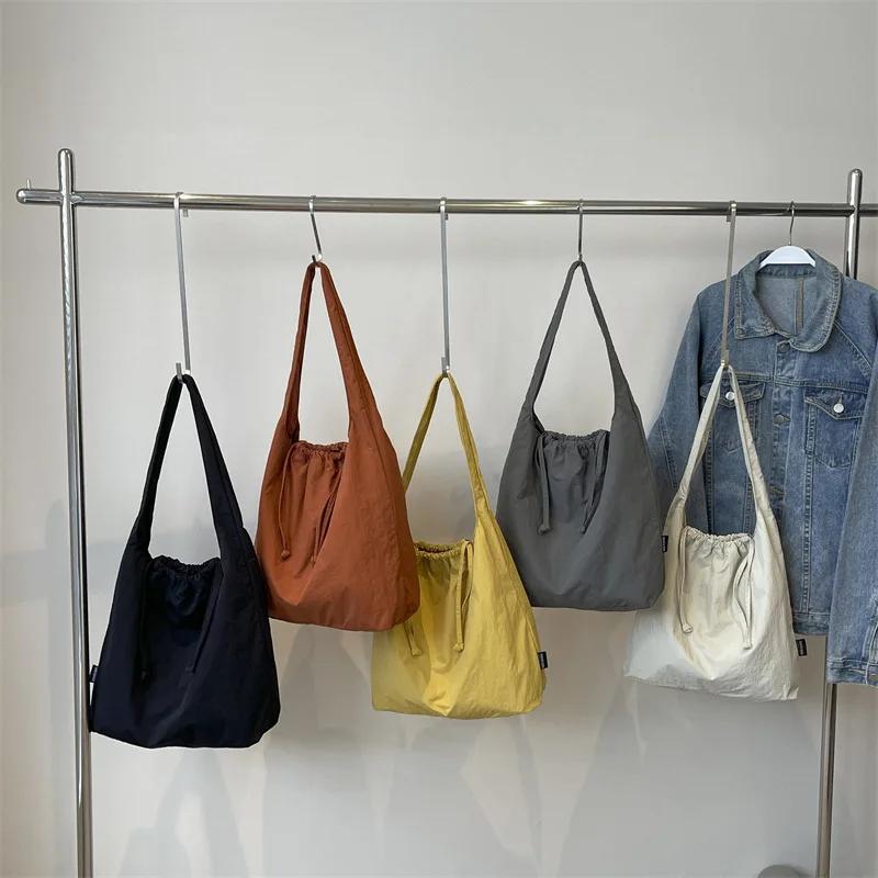 

Leisure College Class Women Drawstring Shoulder Bag Commute Versatile Ladies Handbag Pure Color Nylon Cloth Female Shopping Tote