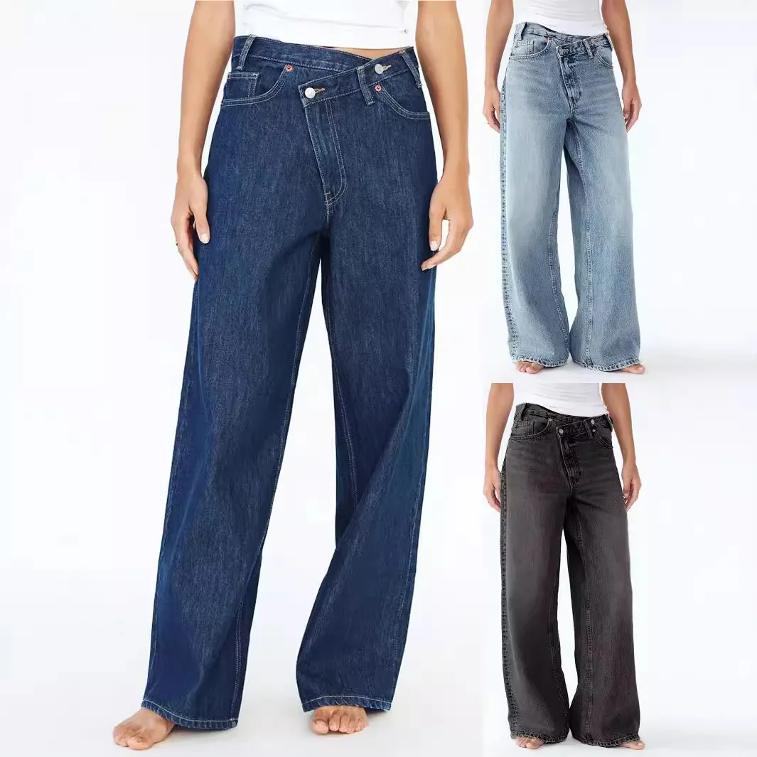 

Women Floor Length Pant Jeans Denim Wide Leg Pants Straight Trousers Casual Loose Elegant Splice High Waist Autumn Winter