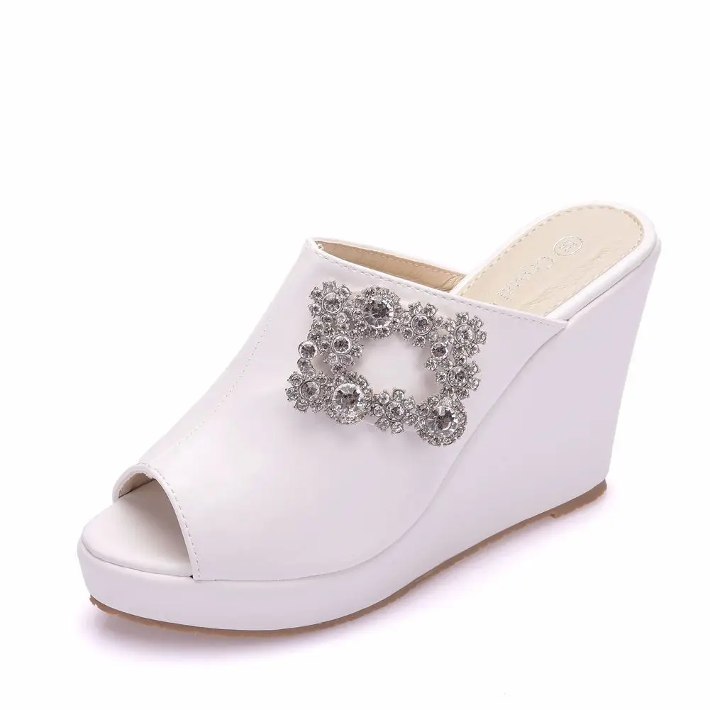 Crystal Queen Women Wedge White Shoes Wedding Stiletto Heels High Sandals Prom Party Platform