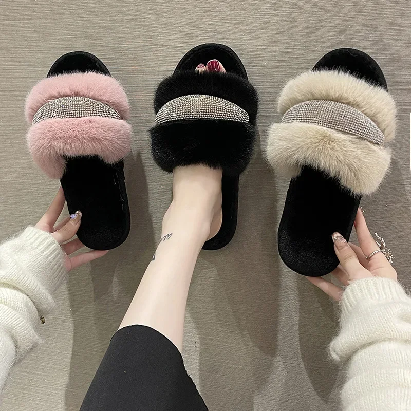 New Mao Mao crystal diamond-encrusted slippers women's fashion high and low hair one-word open cotton slippers cross-border