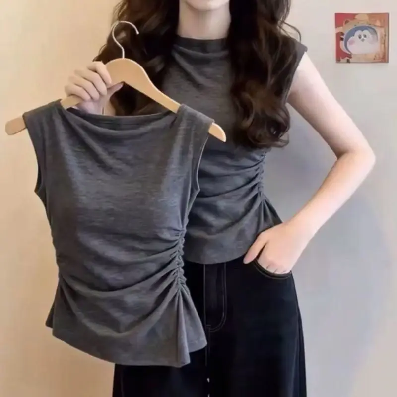 Summer New Style Women's Slim Fit Short Sleeve T-Shirt Gathered Waist Flying Sleeve Fashionable Modal Cotton Top