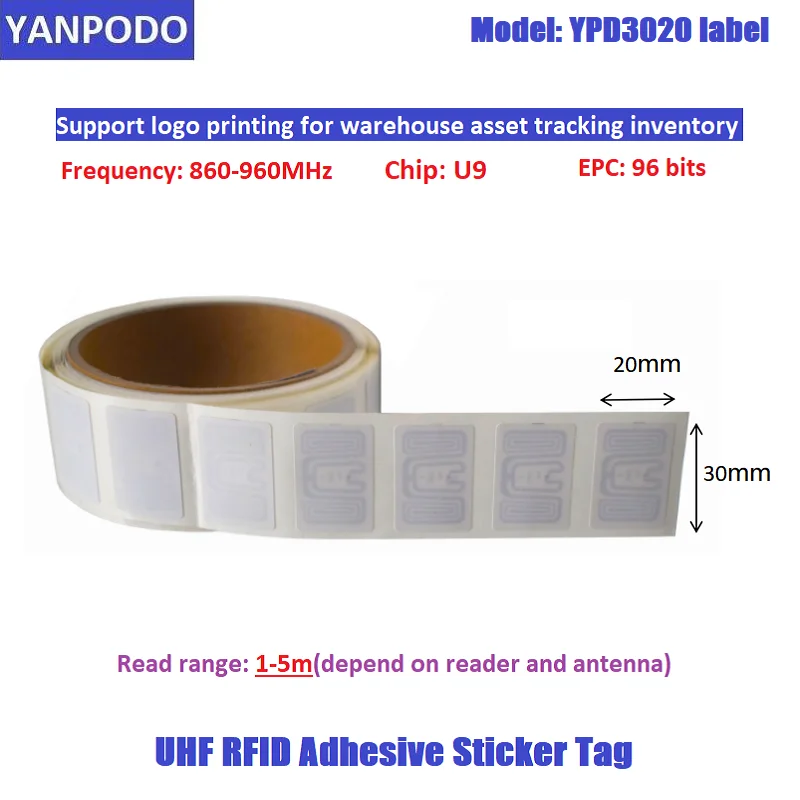 Ярлыки YANPODO UHF RFID 860-960, идентификация на расстоянии 1-10 м, считывание чипов, самые дешевые этикетки U9, считыватель 6C для управления складами